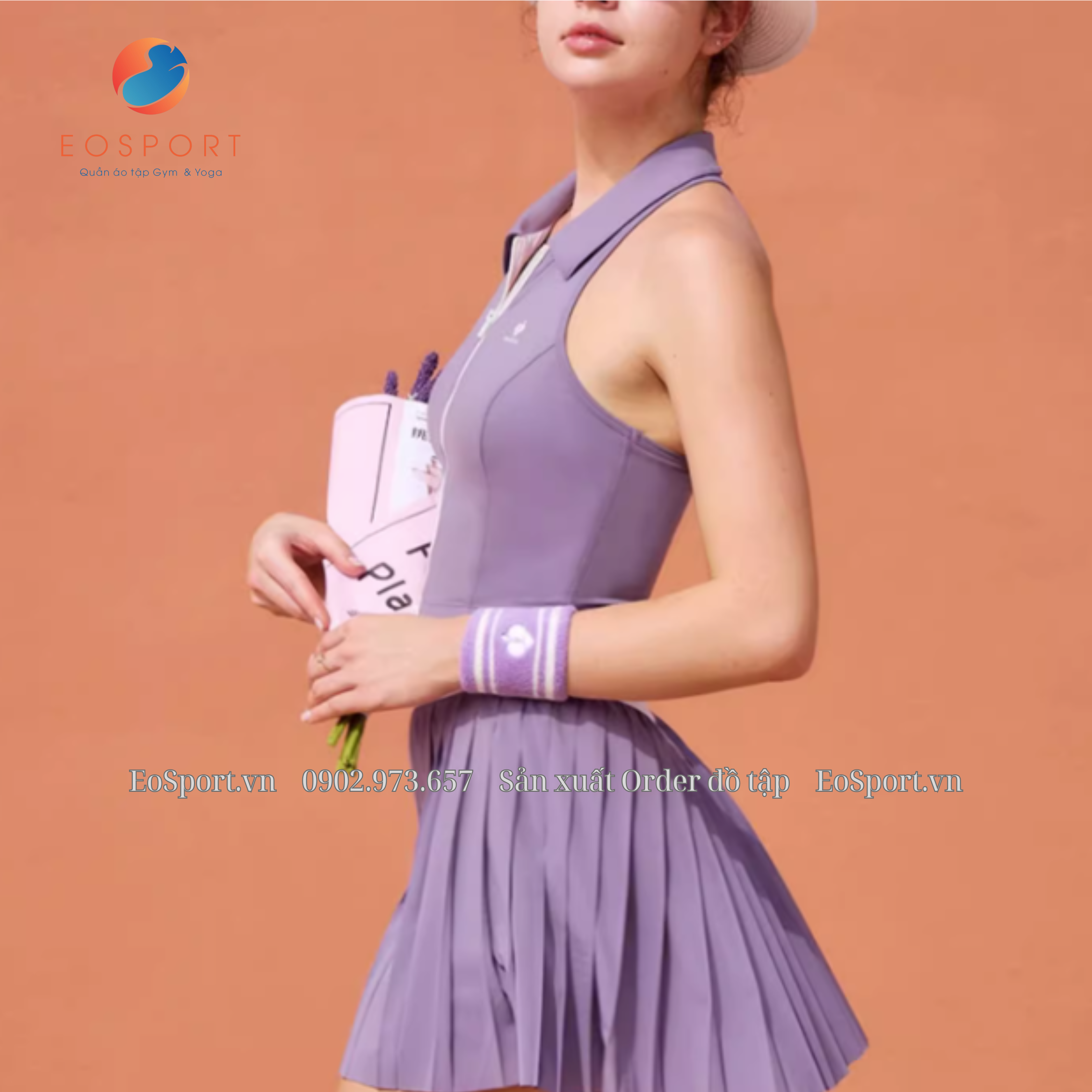 Set thể thao màu tím cổ đứng polo pickeball hãng PomPeche - EOSPORT