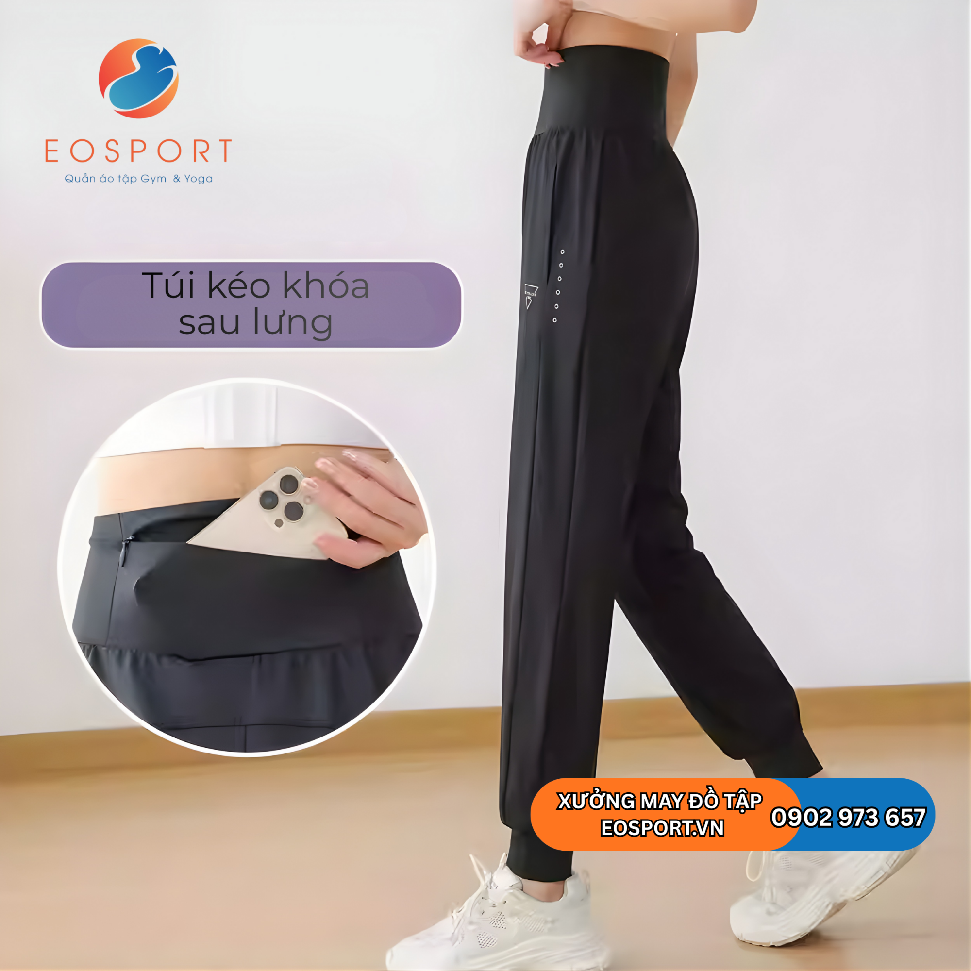 Quần Jogger Thể Thao Nữ Cạp Cao Có Túi Khóa Sau Lưng
